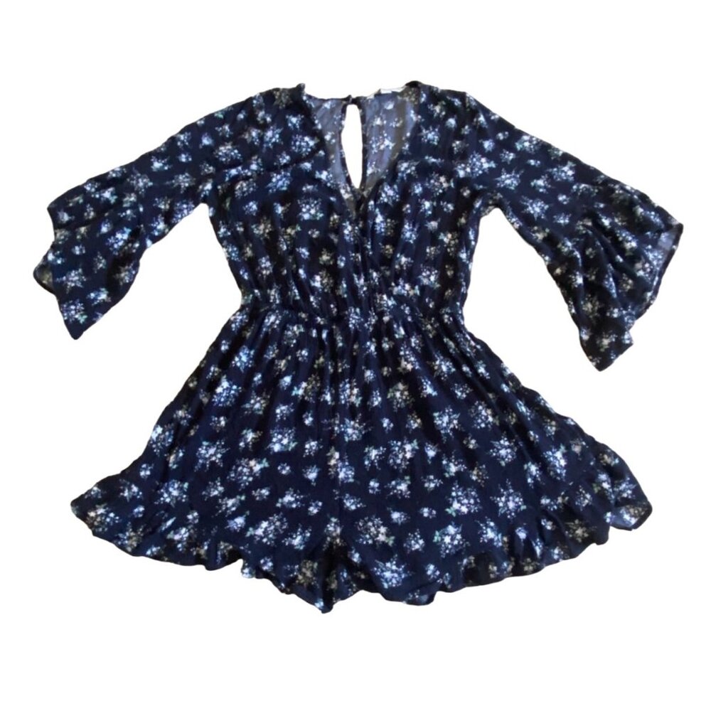 American Eagle Outfitters Bell Sleeve Floral Romper-Size M-Navy Blue-GUC